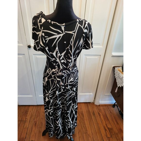 Black/White Bold Print Midi Dress Leaf Print sz XL Minimalist Avant Garde Artsy - Picture 2 of 6